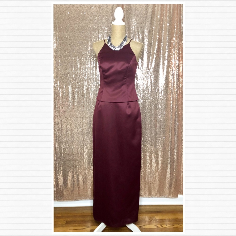 90s Vintage Burgundy Red Satin Formal Maxi Dress